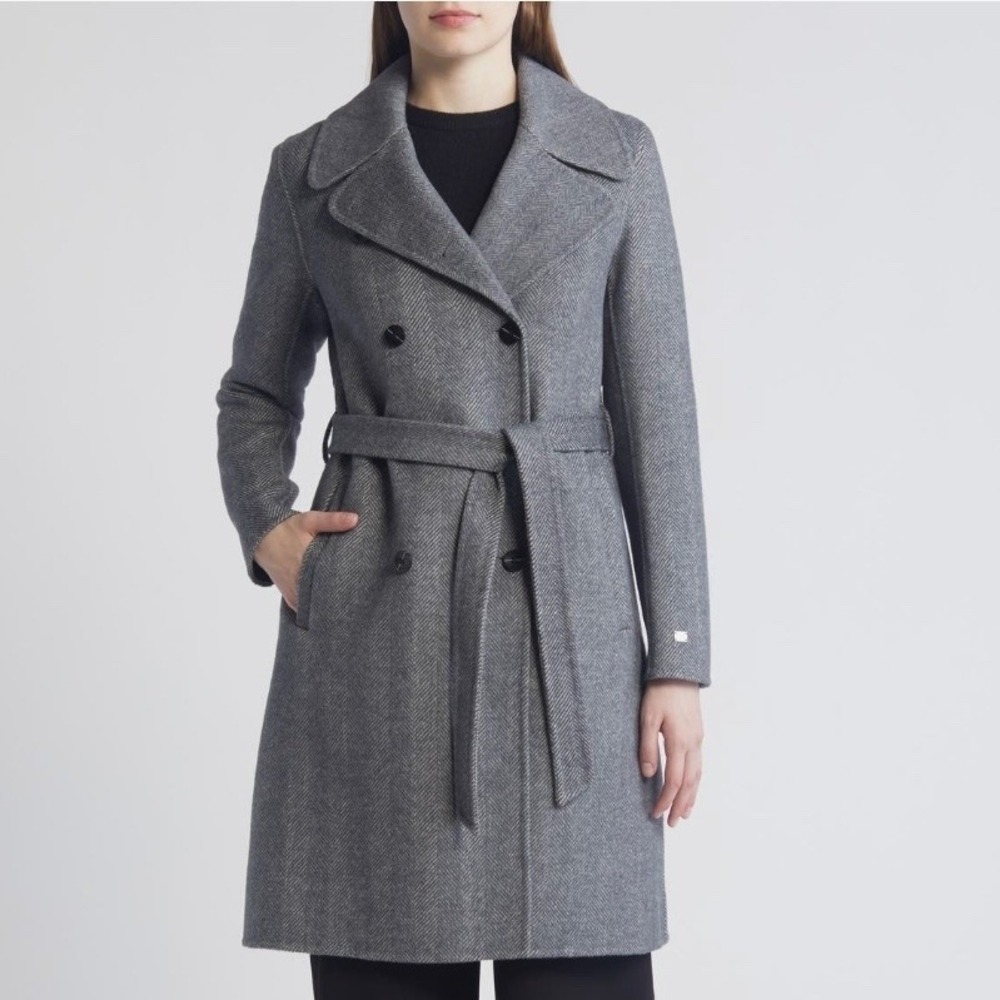 Soia & Kyo Safira Double‎ Breasted Wool Herringbone Coat, Black/Gray Medium NWT